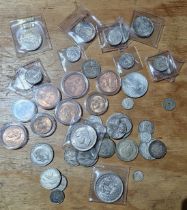 A tray of assorted coins to include english & australian 1937 crowns, foreign silver coins inc. 1922