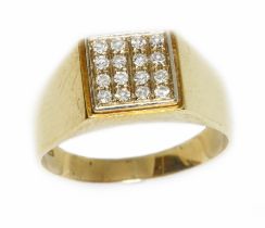 A pave set diamond signet ring, marked '750', gross weight 7.2g, size U. Condition - good, general