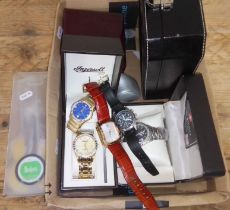 A box of assorted watches including Ingersoll, Vostok, Pulsar etc.