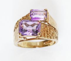 A hallmarked 9ct gold brutalist style amethyst ring, gross weight 6.1g, size L.