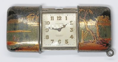 A Movado Chronometer Ermeto silver and chinoiserie decorated enamel purse watch, length 46mm