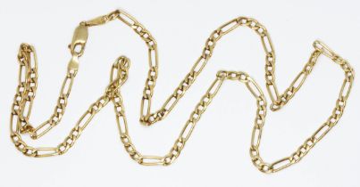 A 9ct yellow godl figaro chain with lobster clap clasp, international convention and import marks,