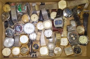 A box of assorted mainly vintage wristwatches, all as found.