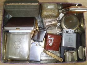 A box of assorted collectables including travel ink wells, lighters and cigarette cases etc.