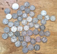 A group of 49 silver three pences & 1 other silver coin, various dates 1889- to 1941.