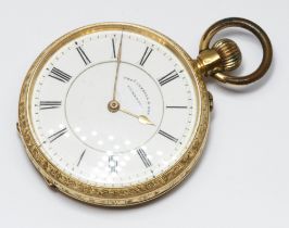 An 18ct gold open faced pocket watch, diameter 37mm, gross weight 43.8g. Condition - winding,