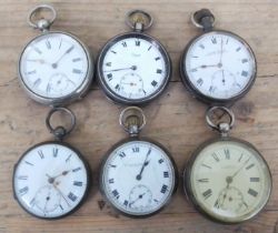 A group of six assorted hallmarked silver pocket watches, all as found.