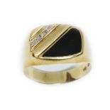 A 9ct gold diamond and black onyx ring, international convention marks, gross weight 3.4g, size R.