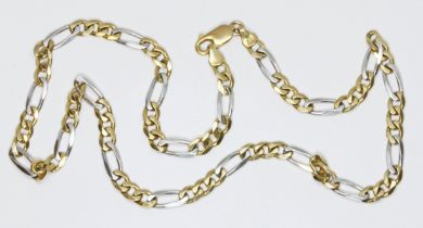 A hallmarked two colour 9ct gold gold figaro chain, length 46cm, weight 18.2g.