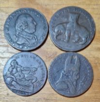 A group of four copper 1/2 penny tokens comprising an 1792 coventry lady godiva-elephant, 1791