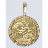 Victoria 1890 sovereign, mount unmarked, length 38mm, gross weight 11.9g.