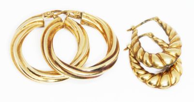 Two pairs of hoop earrings marked '375', weight 4.8g. Condition - general wear.