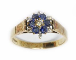 A hallmarked 9ct gold diamond sapphire cluster ring, gross weight 3g, size Q. Condition - good,