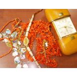 A mixed lot including coral, a silver charm bracelet, a ladies Aflex watch.