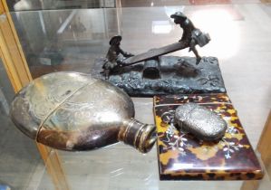 A mixed lot comprising a hallmarked silver vesta case, a bronze model depicting children playing