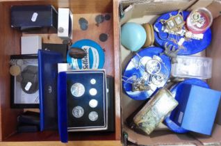 Two boxes of assorted items including a silver proof coin set, watches, etc. etc.