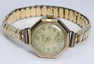 A ladies 9ct gold Hirco wristwatch, gold plated flexi strap.