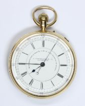 An 18ct gold open faced pocket watch, the white enamel dial signed 'J. Hargreaves & Co