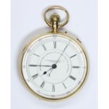 An 18ct gold open faced pocket watch, the white enamel dial signed 'J. Hargreaves & Co