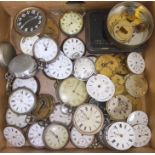 A box of assorted pocket watches and movements including silver etc.