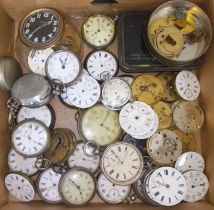 A box of assorted pocket watches and movements including silver etc.