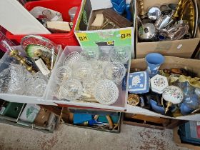 Three boxes of items including cut glass, canteen of cutlery, ceramics including Royal Doulton,
