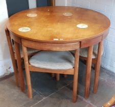 Hans Olsen for ABJ, Danish teak dining table with four three legged chairs, marked 'made in