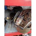 A copper coal scuttle, brass shovel and poker stand, brass jam pan and small rug