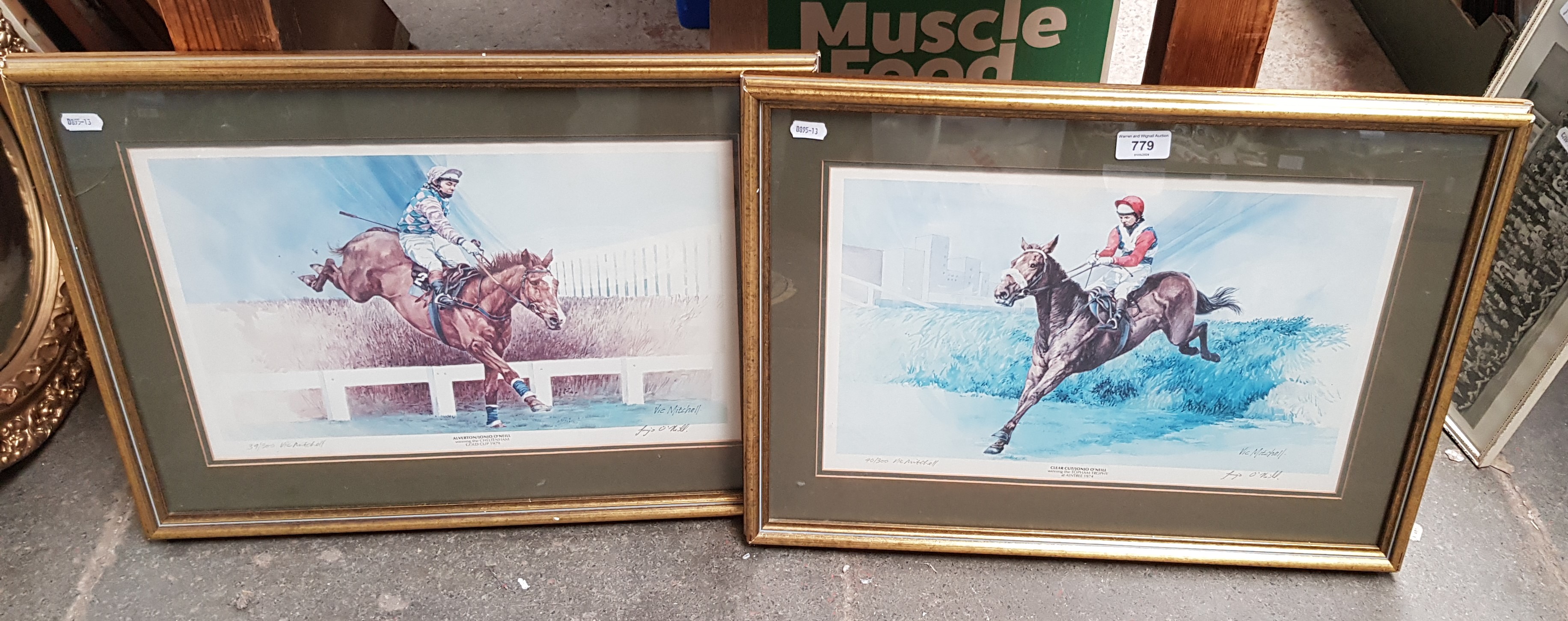 A pair of signed limited edition horse racing prints after Vic Mitchell, signed by the jockey