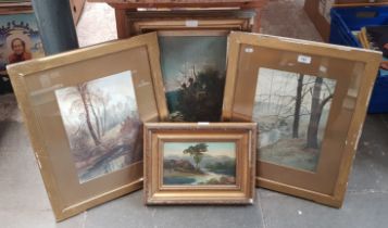 Four original works including pair of watercolours signed W B Johnson, oil on board signed S Wood