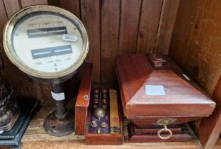 A group of items to include a Sikes hydrometer in case, a tachometer & a mahogany sarcophagus tea