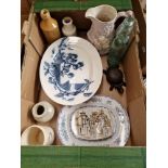 A box of assorted items including a tortoise desk bell (missing shell), pottery etc.