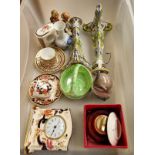 Box with Masons clock and other china and ornaments