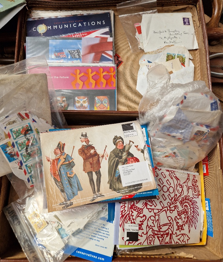 A suitcase containing postage stamps