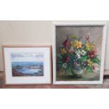 Four 20th century school original works; still life of flowers signed 'R Farr', Pat Good acrylic