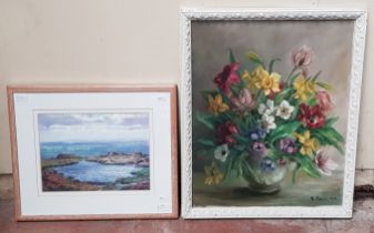 Four 20th century school original works; still life of flowers signed 'R Farr', Pat Good acrylic
