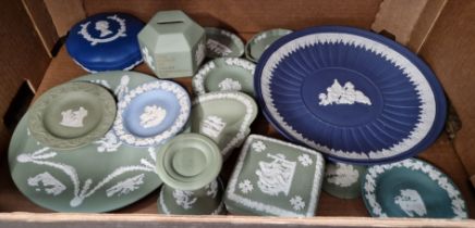 A box of mostly green Wedgwood jasperware.