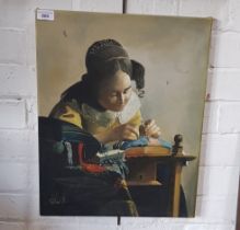 20th century school, oil on canvas, woman doing needlework, 41cm x 51cm, signed 'Daniels' to lower