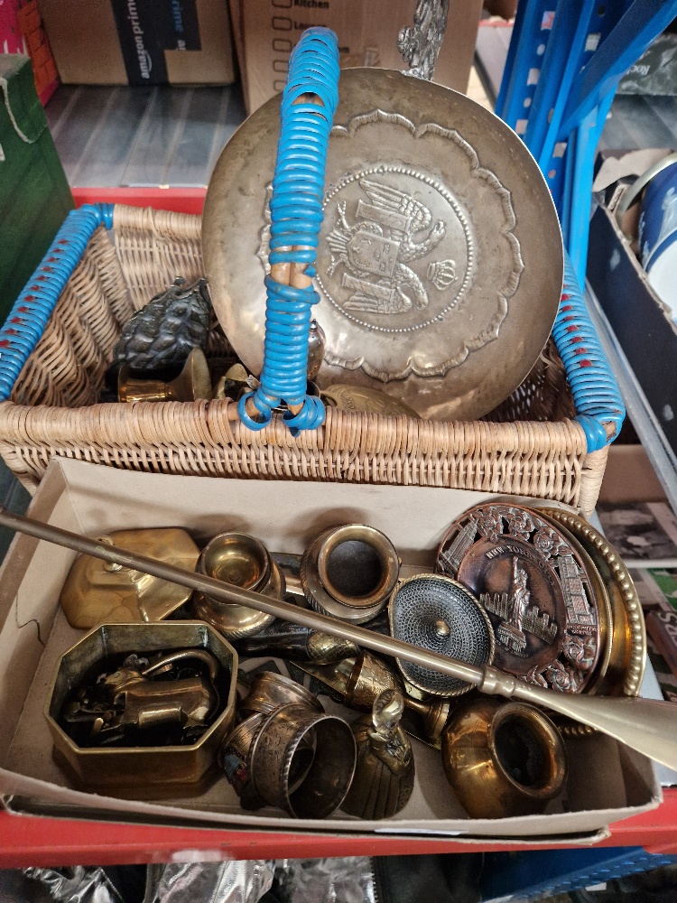 A shoe box and a basket of assorted metal ware including hallmarked silver.
