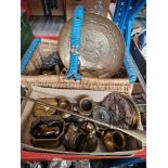 A shoe box and a basket of assorted metal ware including hallmarked silver.