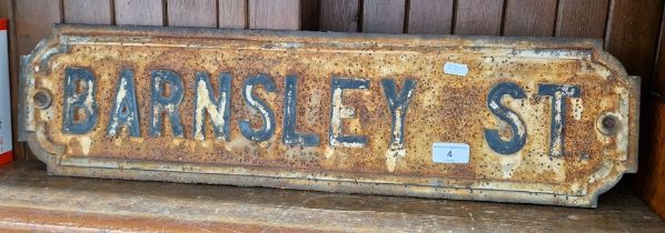 A vintage cast iron street sign, 'Barnsley St', length 68.5cm.