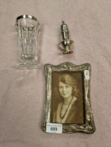 Silver photo frame, silver pepper pot and silver rim glass