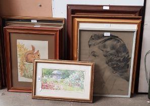 Various pictures and prints including watercolours, two charcoal portraits signed 'Roy (19)58' and