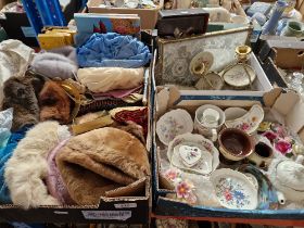 Three boxes comprising a box of vintage hats and linen, a box, a box containing lace and brass