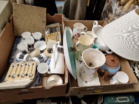 A mixed lot (2 boxes) of mostly ceramics including Windsor 'Troy' coffee set, plated ware, Harrods
