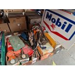 Two boxes of assorted garage items including a Mobil sign.