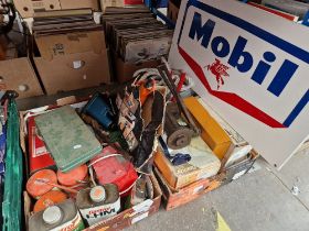 Two boxes of assorted garage items including a Mobil sign.