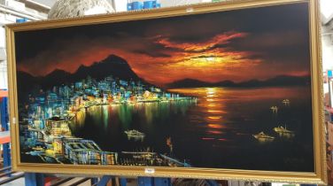 20th century painting on velvet, evening coastal scene, gilt frame,127cm x 64cm (overall).