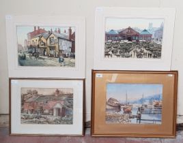 Four watercolours; Harry Walder (1902-1992) pair of town scenes (unframed), Duckette Harrison '