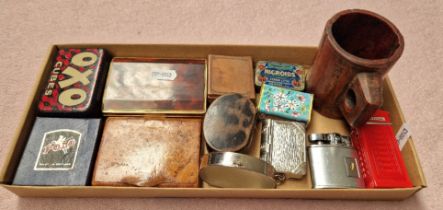 A tray of assoted collectables to include a Victorian treen gill measure, Chinese cloisonne matchbox